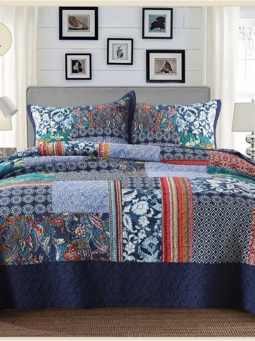 Floral Patchwork Quilted Bedspread Set - Navy Blue Multicolor